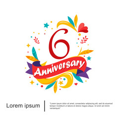 Obraz premium 6th years anniversary celebration emblem. anniversary logo colorful and cheerful isolated with leaves, ribbons and stars on white background. vector illustration template design