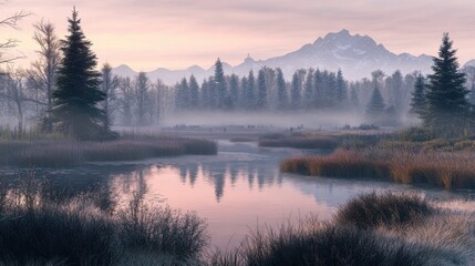 Fototapeta premium Tranquil Misty Morning Over Serene Lake and Mountain Landscape