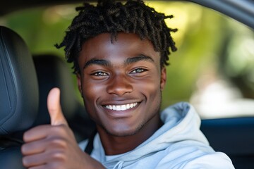 a young black man with a thumbs up in the car, expressing positivity. He is smiling at the camera, and the car interior is visible in the background.