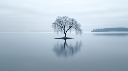Lone tree on small island in still water with misty background, symbol of solitude