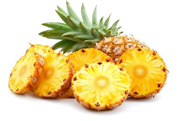 Slices of juicy pineapple radiate sunshine, a vibrant tropical treat inviting a taste of summer's sweetness, with bright lighting and a clean white background.