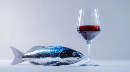 Elegant Still Life  Silver Fish  Red Wine Glass  Minimalist Food Photography