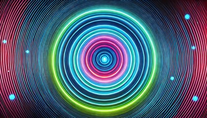 A hypnotic abstract background and wallpaper featuring glowing concentric circles in a gradient of neon blue, green, and pink