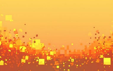 Yellow and orange gradient background with pixel art squares.