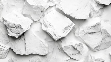 close up of rough, irregular white stones stacked. The textures and shadows create a sense of depth and simplicity
