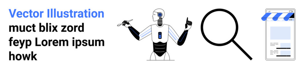 Robot pointing upwards with mechanical arms, magnifying glass, and digital storefront. Ideal for technology, innovation, AI, research, e-commerce, future simple landing page