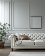 an interior design living room features a sofa, decor with blank frame art on wall