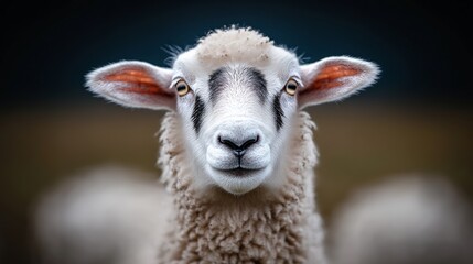 Obraz premium Sheep is staring at the camera with its eyes wide open. The sheep is surrounded by other sheep, but it is the main focus of the image. The sheep's expression is curious and alert