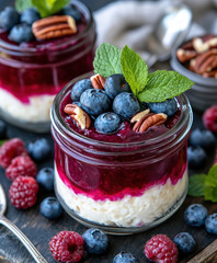 Rice pudding, layered with fresh fruit. AI generative.