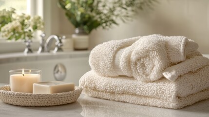 A curated collection of bath accessories, including a fluffy towel, a luxurious soap dish, and a fragrant candle, awaits the indulgence of a relaxing bath ritual.