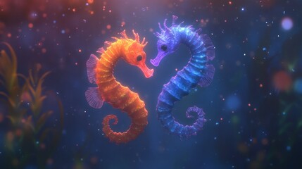 Fototapeta premium Two seahorses, orange and blue, embrace in underwater scene.