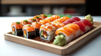 Tray of sushi with a variety of rolls, including some with avocado and others with tuna. The presentation is neat and organized, and the sushi looks fresh and appetizing