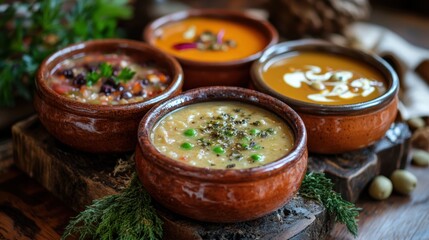 A cozy scene unfolds: a collection of autumnal soups, each in its own earthenware bowl, inviting warmth and comfort on a chilly day.
