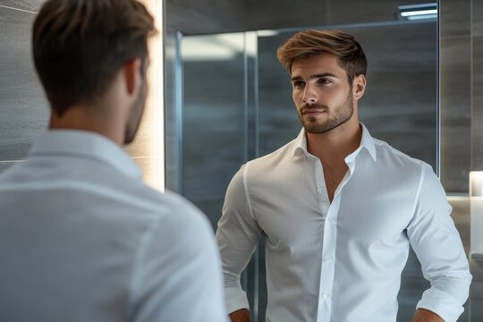 A well-dressed man standing in front of the mirror