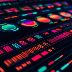 Obraz premium Data driven brand strategy concept. A vibrant, abstract display of colorful digital interfaces and data visualizations, showcasing various shapes and designs.