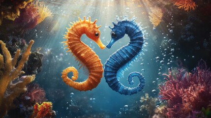 Fototapeta premium Two seahorses, orange and blue, forming a heart shape underwater, surrounded by coral.