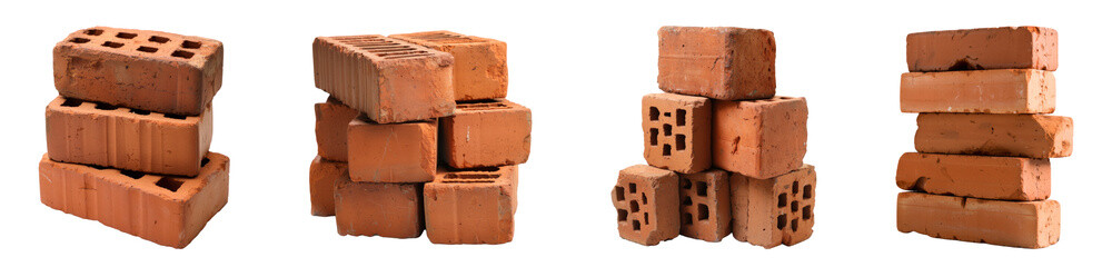 Stack of old bricks Isolated on transparent background PNG set