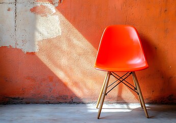 Orange Plastic Chair Modern Wooden Legs Damaged Wall