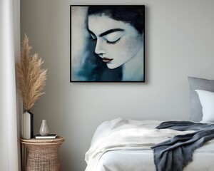 Moody Woman Portrait Artwork Above Bed In Neutral Bedroom Design