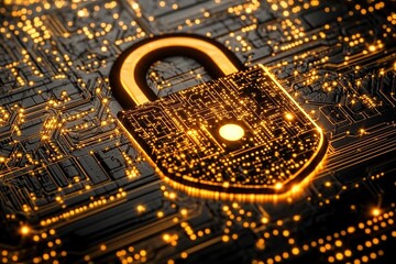 Glowing padlock on a circuit board representing cybersecurity and data protection. Digital security concept