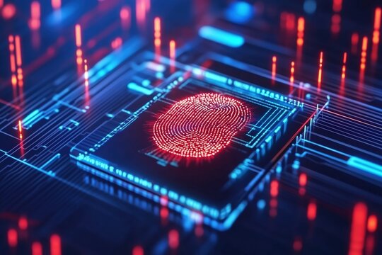 Biometric fingerprint scanner glowing in red on a circuit board, representing cybersecurity, digital identity, and data protection