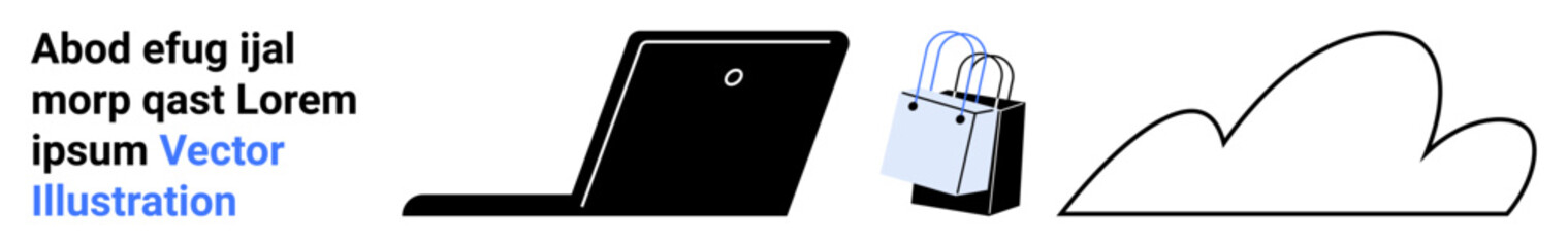 Minimalist design featuring a laptop, shopping bag, and cloud shape representing ecommerce, digital storage, innovation, mobile apps, online retail, technology, flat landing page banner