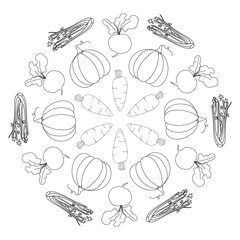 Vegetables decorative mandala in doodle style in vector