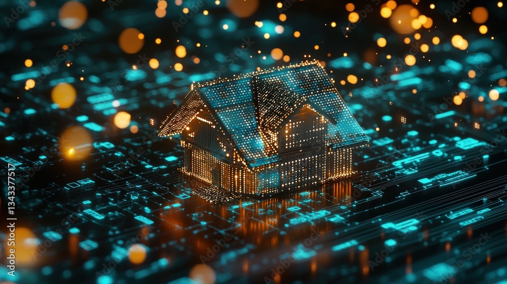 Poster a conceptual digital home with a price tag made of glowing binary code.