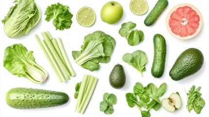 Green fruit and vegetable mix collection. Celery, apple, avocado, cucumber, bean, rucola, grape, bok choy, lime, grapefruit, kiwi, pepper isolated on white background. Creative layout. Flat lay