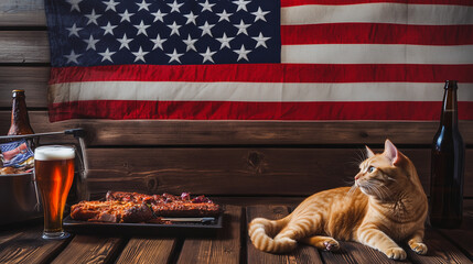 Memorial Day party with ginger cat, BBQ, and American flag