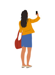 Vector illustration of a young woman in casual clothes, standing back view, holding a phone and taking a picture. Perfect for travel, lifestyle, photography, and modern city life concepts. 