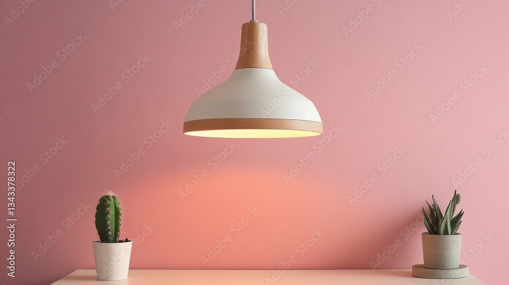 Poster soft light emanates from a modern pendant lamp, illuminating a simple wooden table. on the table, po