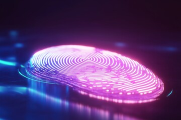 Glowing digital fingerprint scanner on a reflective surface with neon purple and pink hues. Cybersecurity, digital identity