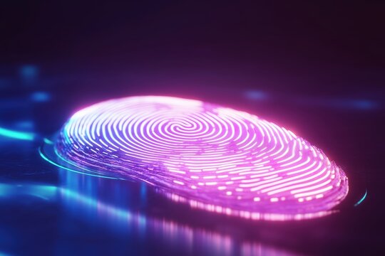 Glowing digital fingerprint scanner on a reflective surface with neon purple and pink hues. Cybersecurity, digital identity - Powered by Adobe