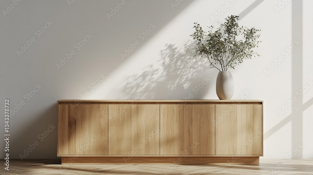 Aufkleber sunlight streams through a large window, illuminating a sleek wooden cabinet. a simple vase filled w