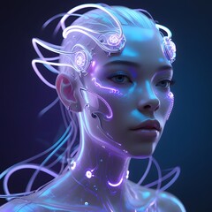 A futuristic cybernetic woman with glowing neon circuits and high-tech enhancements, representing artificial intelligence, transhumanism, and advanced technology in a sci-fi cyberpunk aesthetic.