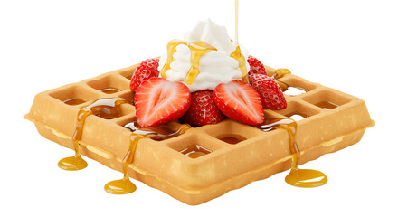 Delicious Waffle with Fresh Strawberries, Whipped Cream, and Drizzled Honey transparent background, PNG. 