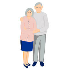 Couple of elderly people hugging each other, loving grandma and grandpa, two old woman and man. Flat cartoon characters, family concept