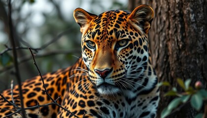 Obraz premium A Majestic Leopard's Intense Gaze, Partially Hidden Behind Branch, Reveals its Striking Coat and Wild Beauty