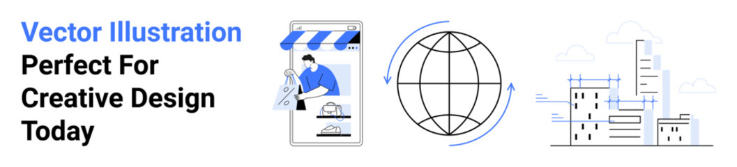 Online storefront with user, global connectivity globe, and cityscape construction. Ideal for e-commerce, technology, globalization, business growth, urban planning, networking flat landing page