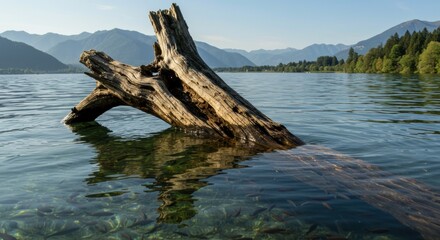 Fototapeta premium Serene lake landscape with a weathered log emerging from the water, surrounded by mountains and trees - photos of lakes and mountains