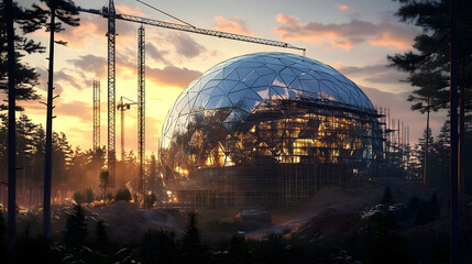 Fototapeta premium Geodesic Dome Construction in a Forest at Sunset