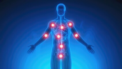 Human Energy Zones: A stunning visual representation of the human body's energy zones, depicted with glowing red points of light against a cool blue backdrop, suggesting balance, wellness.