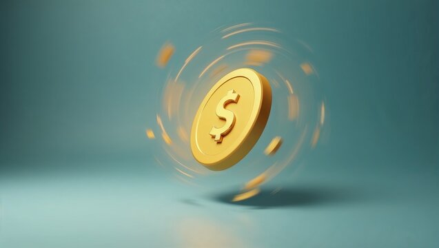 3D conceptual image of a spinning coin symbolizing market volatility &mdash; dollar, gold, risk vs. reward, fluctuation, speculation, and investment dynamics on a clean, solid background.