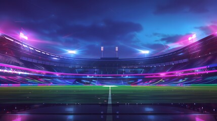 Stadium at night, illuminated by vibrant pink and blue lights