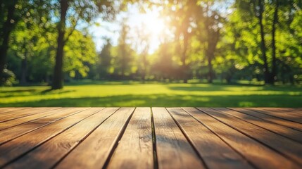 wooden table close up with sunset park view behind wallpaper background 
