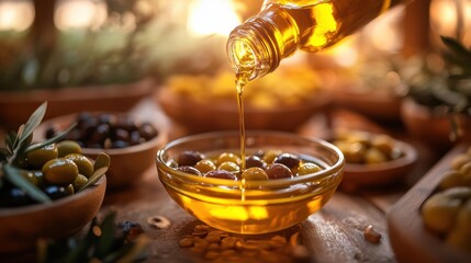 A golden liquid, rich and aromatic, the essence of Mediterranean sunshine, olive oil, bottled for the discerning palate, ready to elevate culinary experiences.