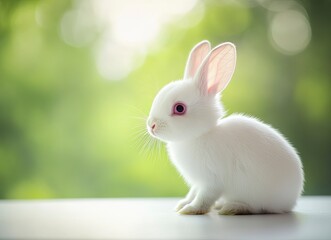 Obraz premium Cute White Bunny Sitting Indoors with Soft Green Background
