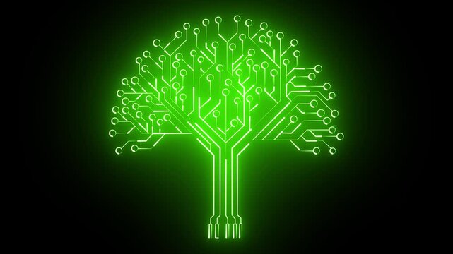 Circuit tree on black background. Science and technology concept. Animated Glowing circuit board on a black background.	