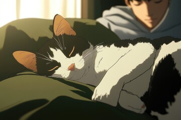 A sleeping cat rests comfortably with a person nearby indoors